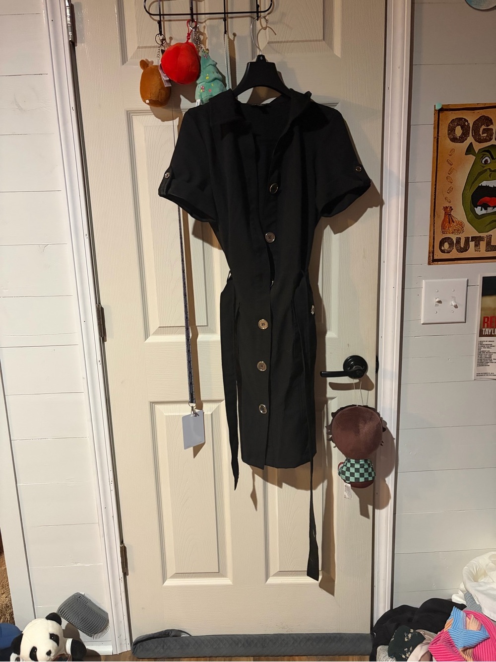 Black Button-Front Shirt Dress with Waist Tie